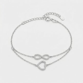 Pulseira dupla coração + infinito ambos cravejados